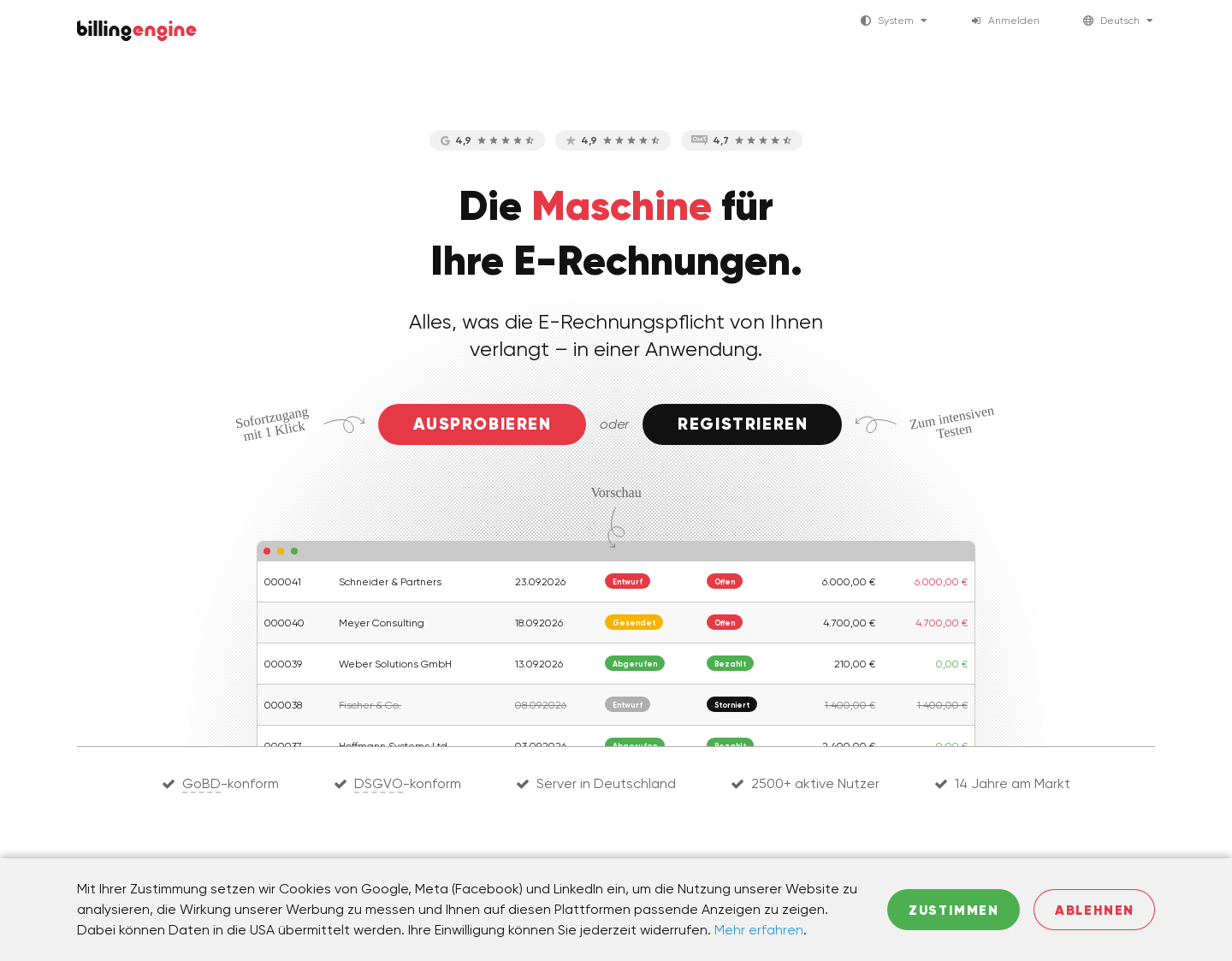 Aktuelle Website-Vorschau von BillingEngine