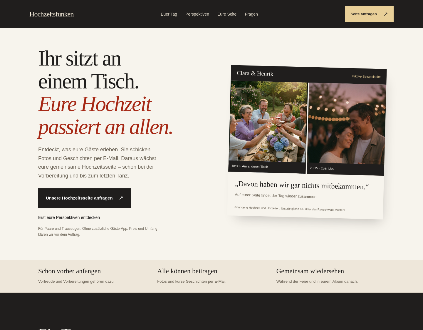 Aktuelle Website-Vorschau von Hochzeitsfunken – Hochzeitswebsite aus Gästefotos und Geschichten