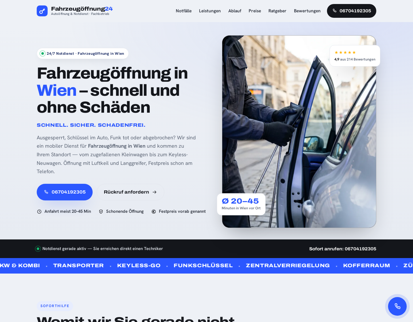 Aktuelle Website-Vorschau von Fahrzeugöffnung24 – Autoöffnung & Notdienst Wien