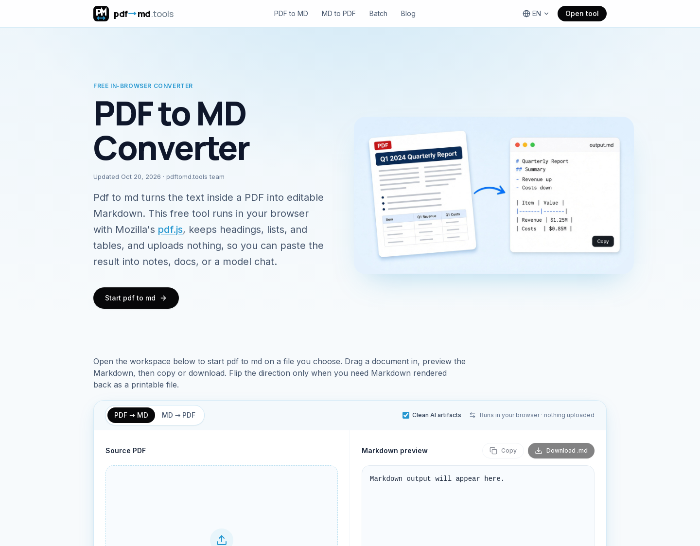 Aktuelle Website-Vorschau von PDF-zu-MD-Konverter (pdftomd.tools)