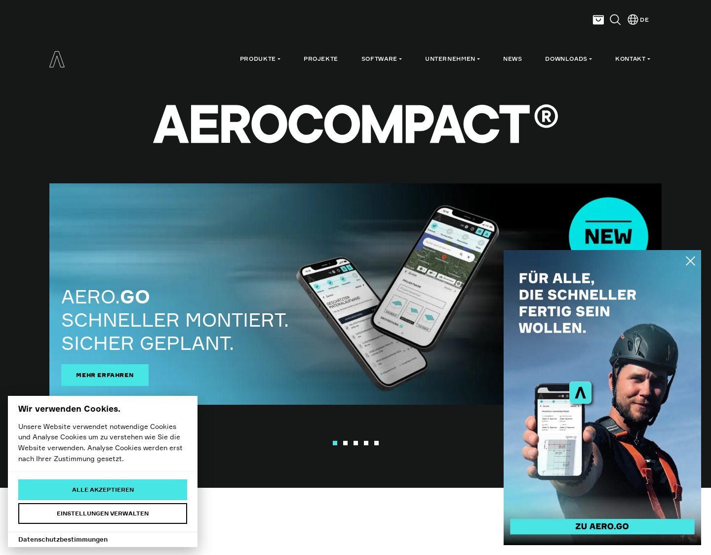 Aktuelle Website-Vorschau von AEROCOMPACT: PV-Montagesysteme für Flachdach, Schrägdach, Freifläche und Fassade