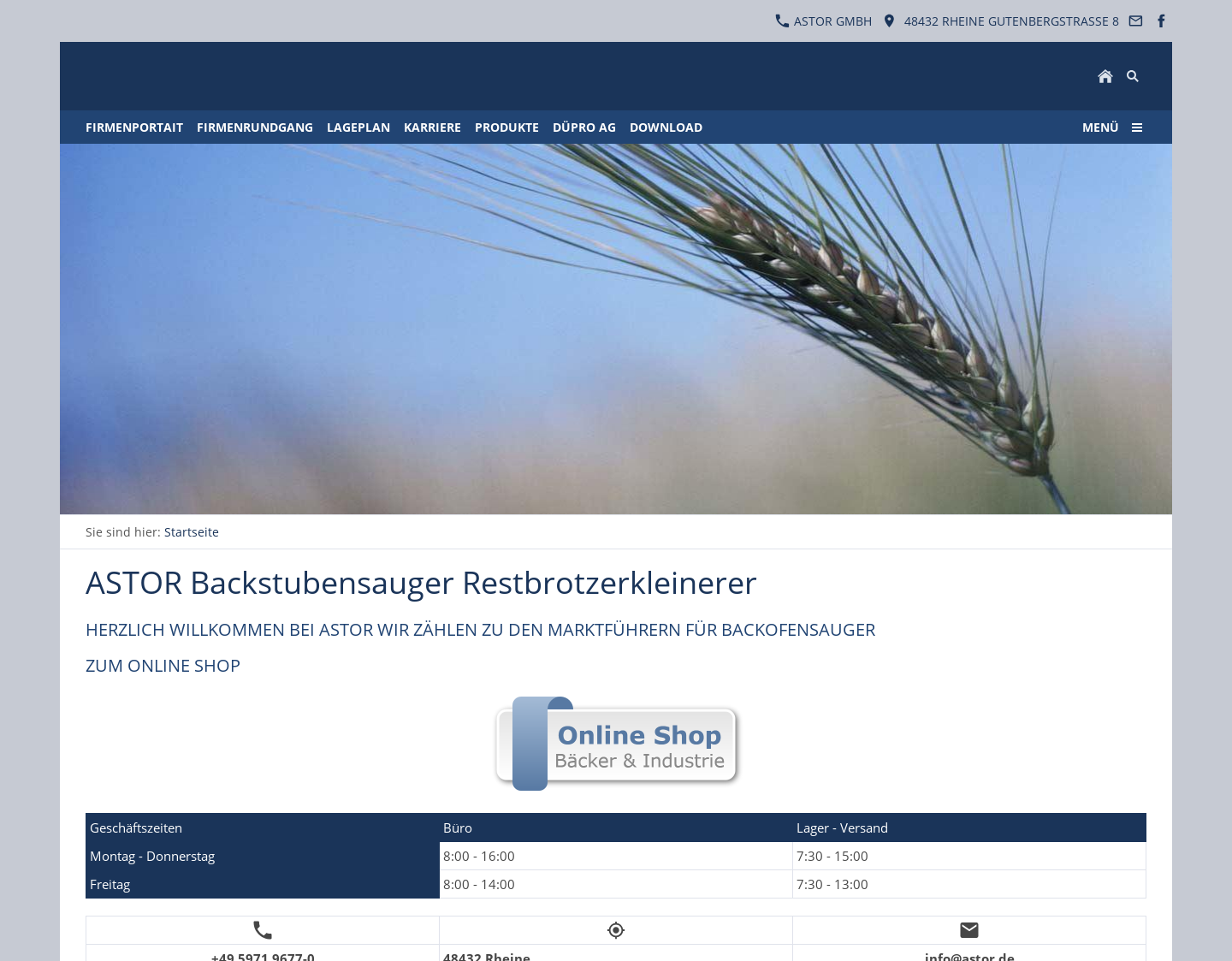Aktuelle Website-Vorschau von ASTOR Backstubensauger Ladenbacköfen