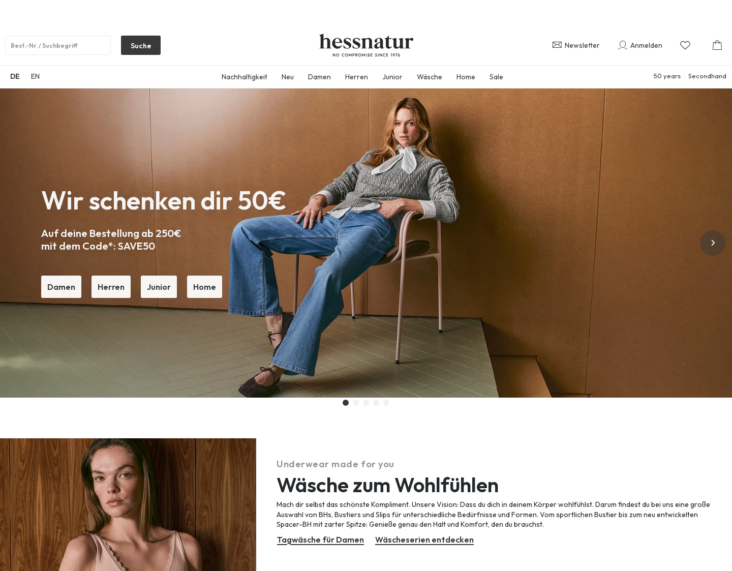 Aktuelle Website-Vorschau von Naturmode von hessnatur – der Umwelt zul