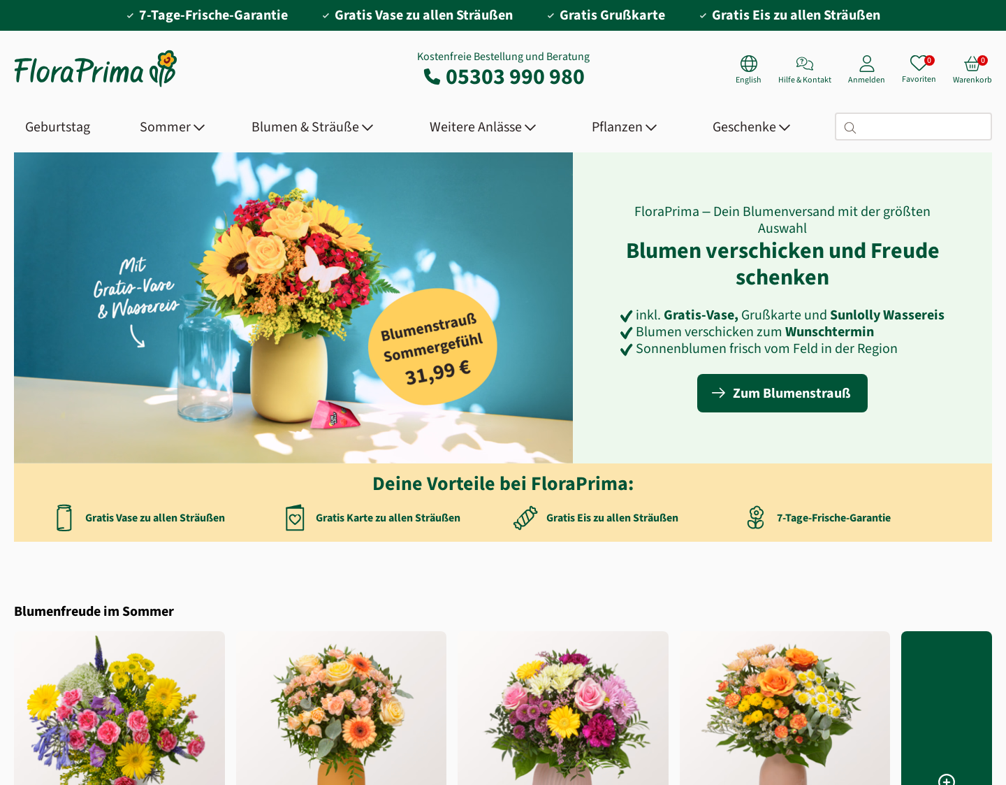 Aktuelle Website-Vorschau von Floraprima: Blumen auf Rechnung