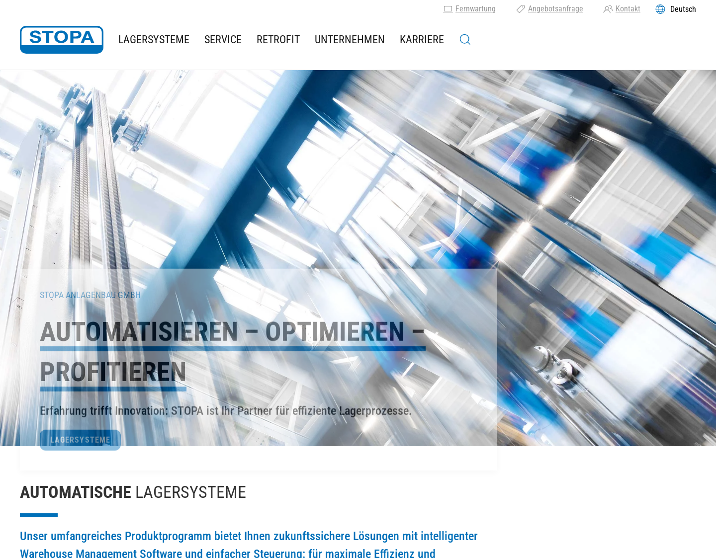 Aktuelle Website-Vorschau von Automatische Lagersysteme - STOPA