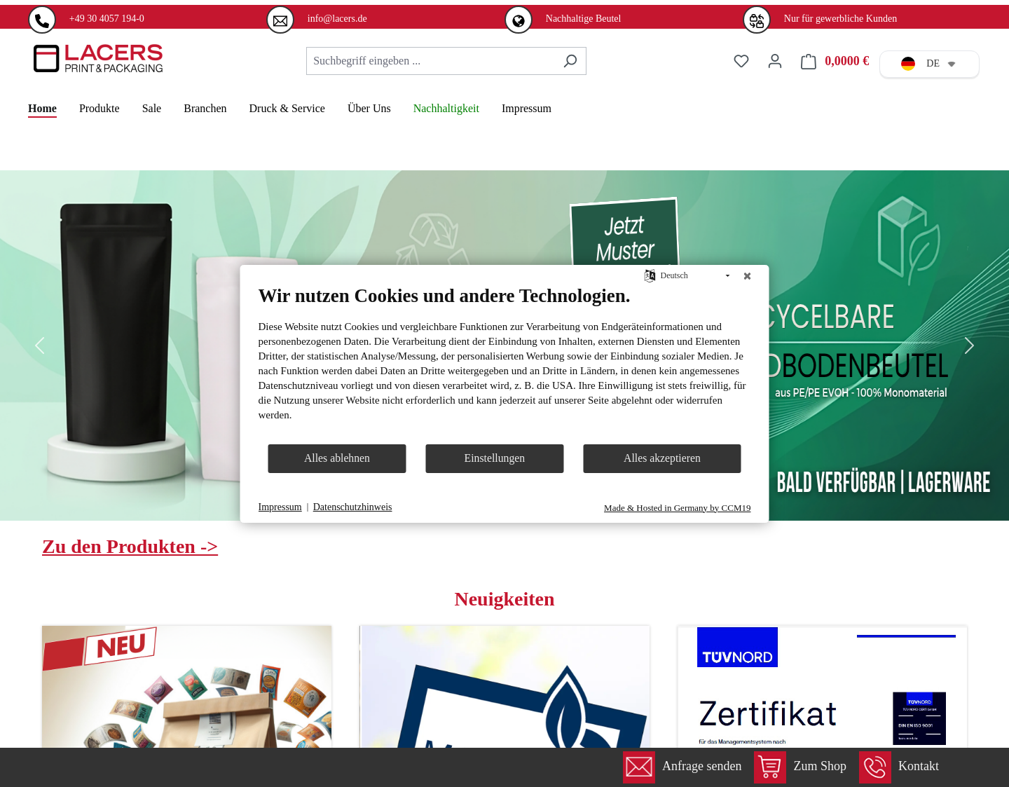 Aktuelle Website-Vorschau von Lacers Verpackungen GmbH