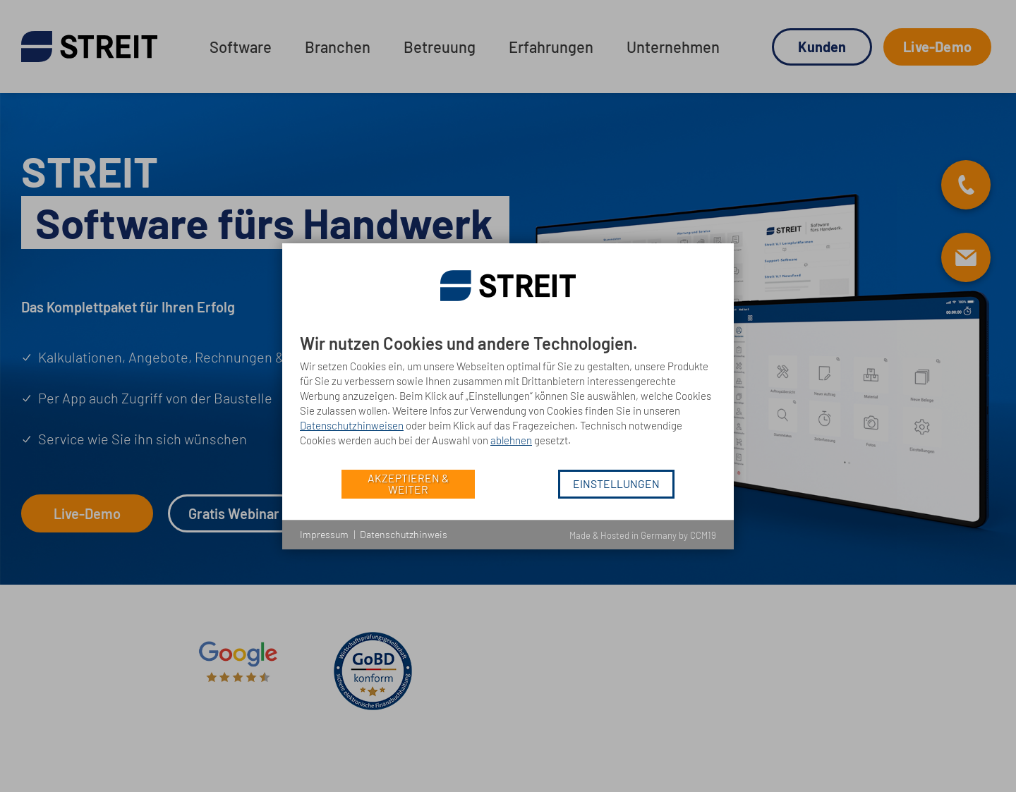 Aktuelle Website-Vorschau von Streit Datentechnik – Software für Handwerker