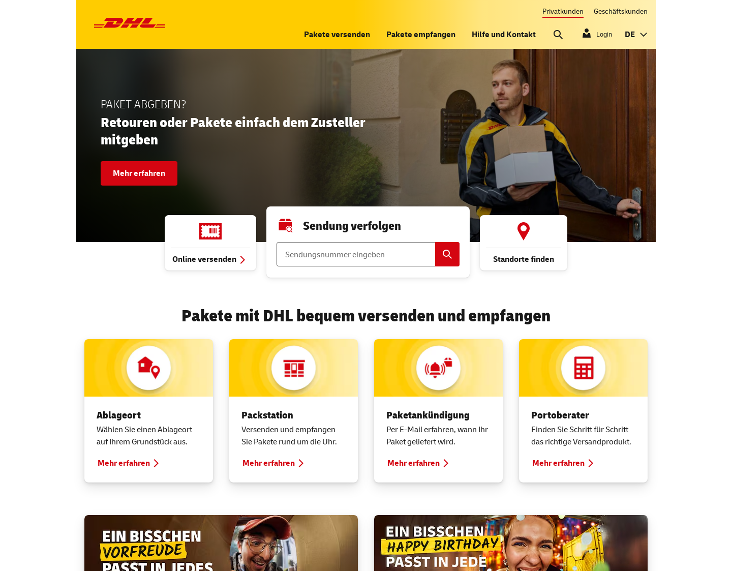 Aktuelle Website-Vorschau von DHL Paket Versandservice und Paketdienst