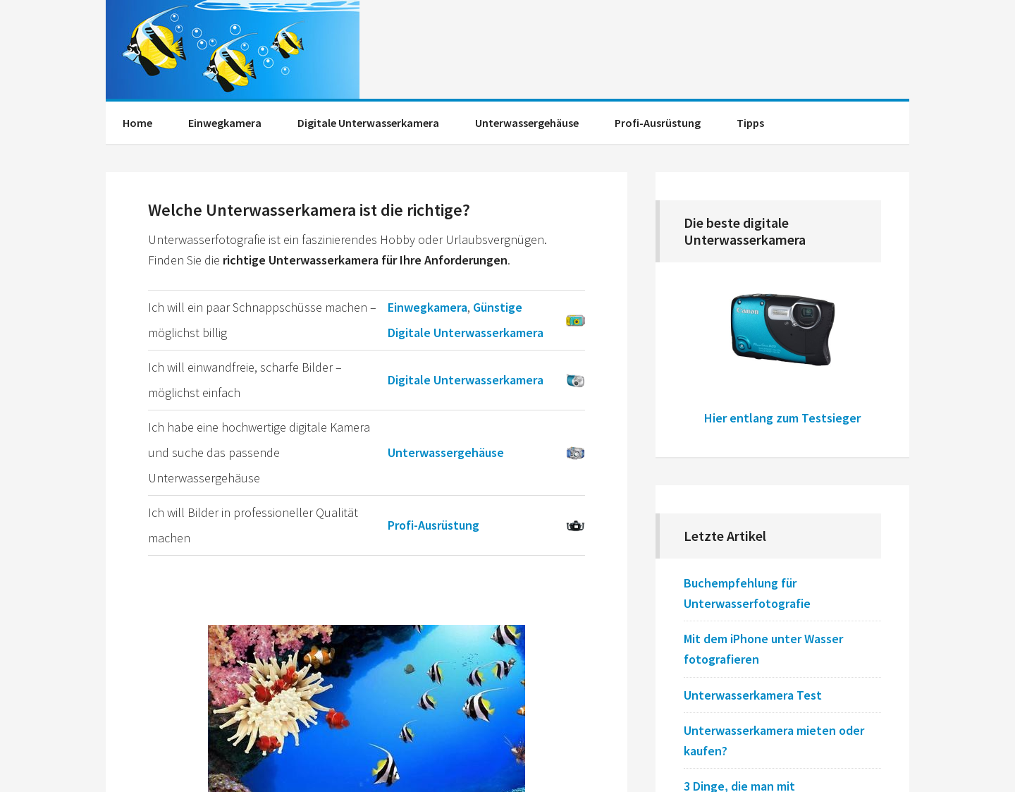 Aktuelle Website-Vorschau von Unterwasserkameras und Unterwassergehäuse