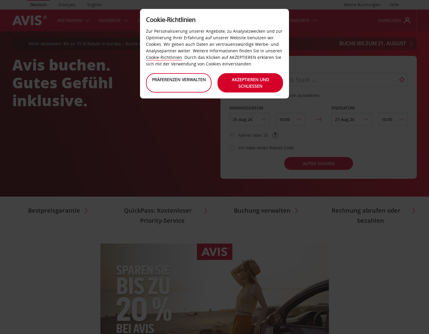 Aktuelle Website-Vorschau von Autovermietung Schweiz - Avis