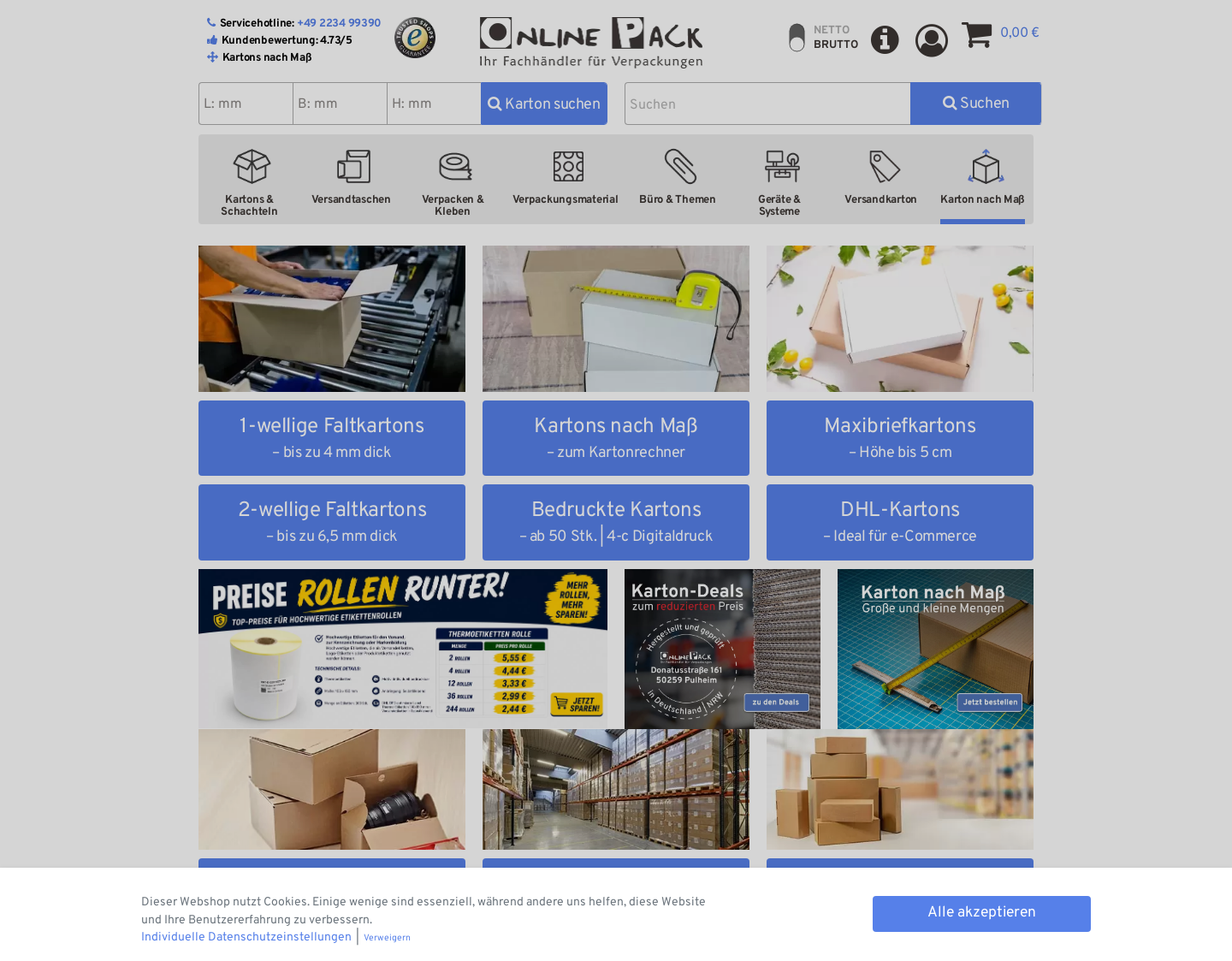 Aktuelle Website-Vorschau von Onlinepack-Verpackungen