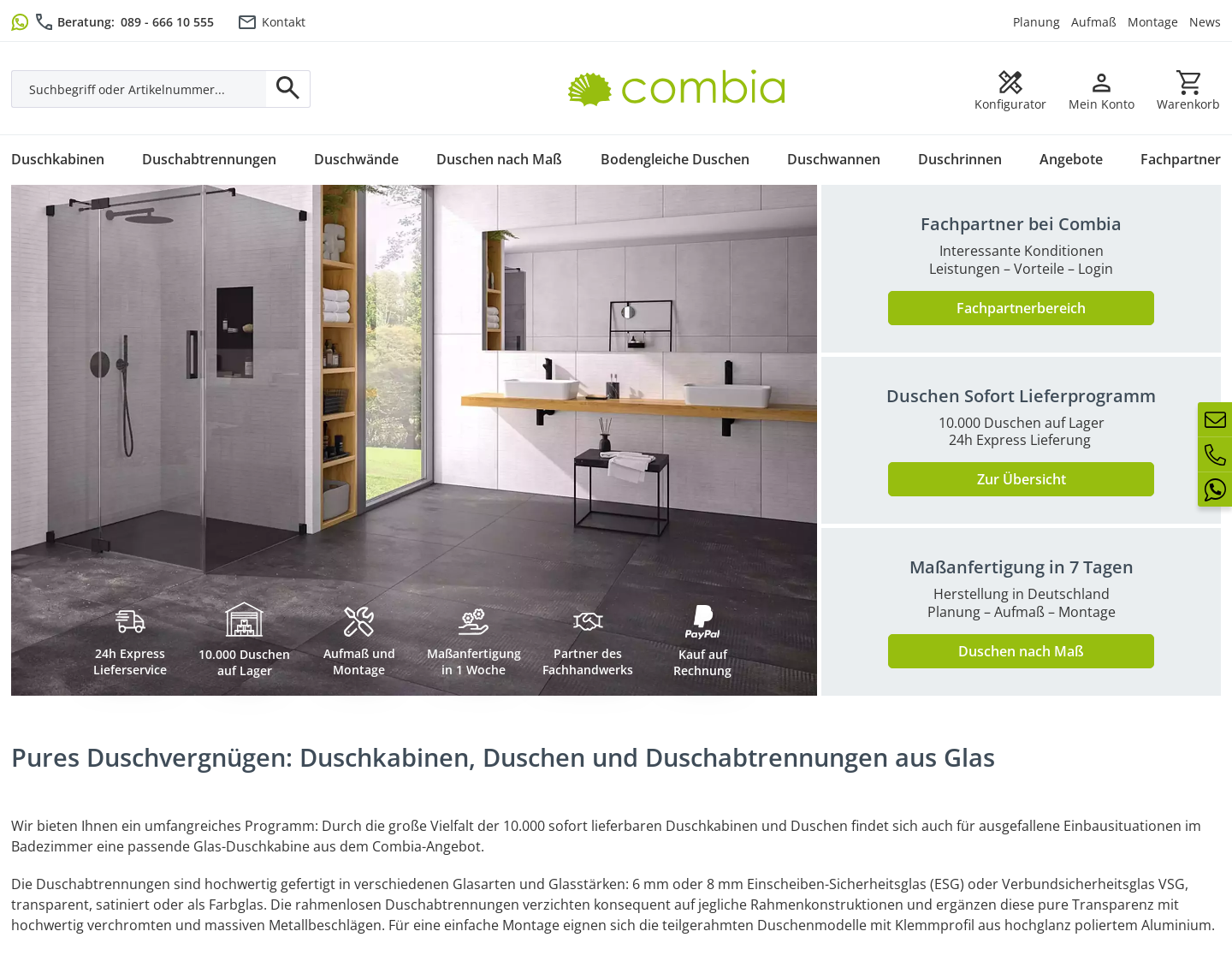 Aktuelle Website-Vorschau von Combia Duschkabinen und Duschen