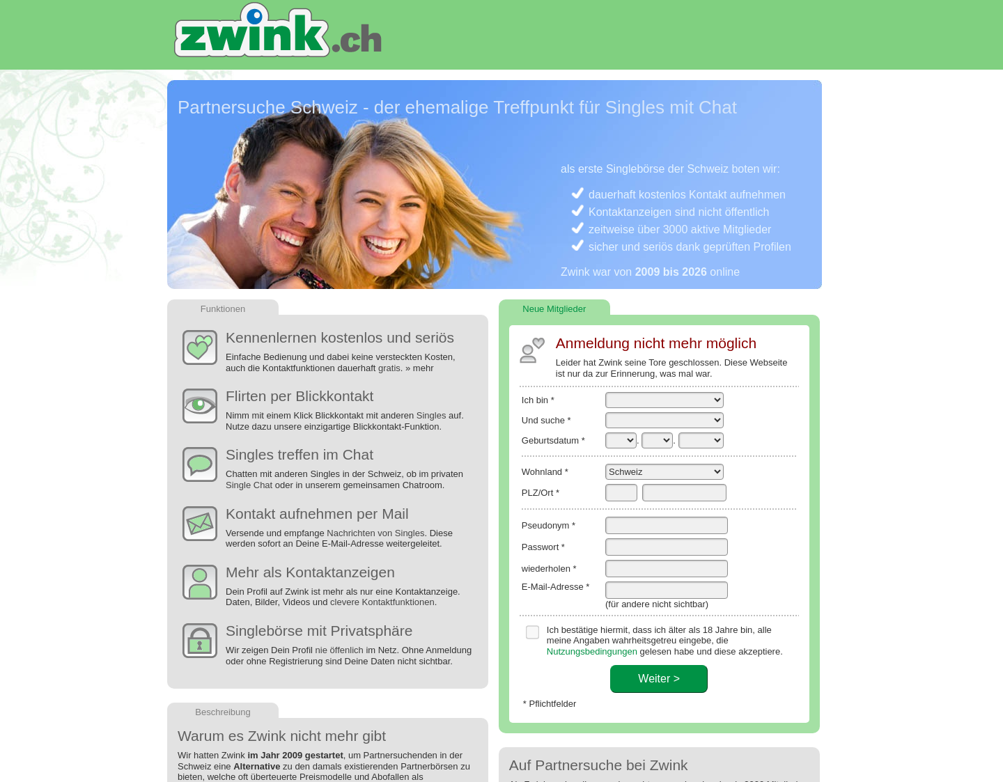 Aktuelle Website-Vorschau von Zwink, Chat und Partnersuche für Singles