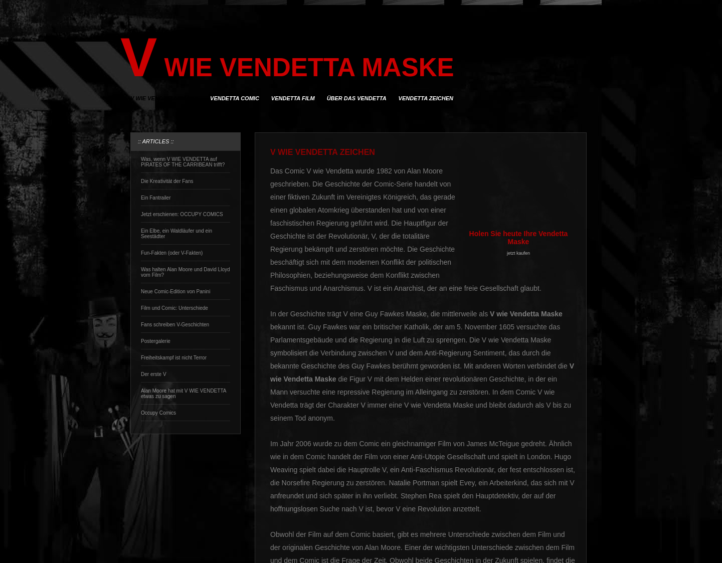 Aktuelle Website-Vorschau von Charakter aus der Comic Serie V wie Vendetta