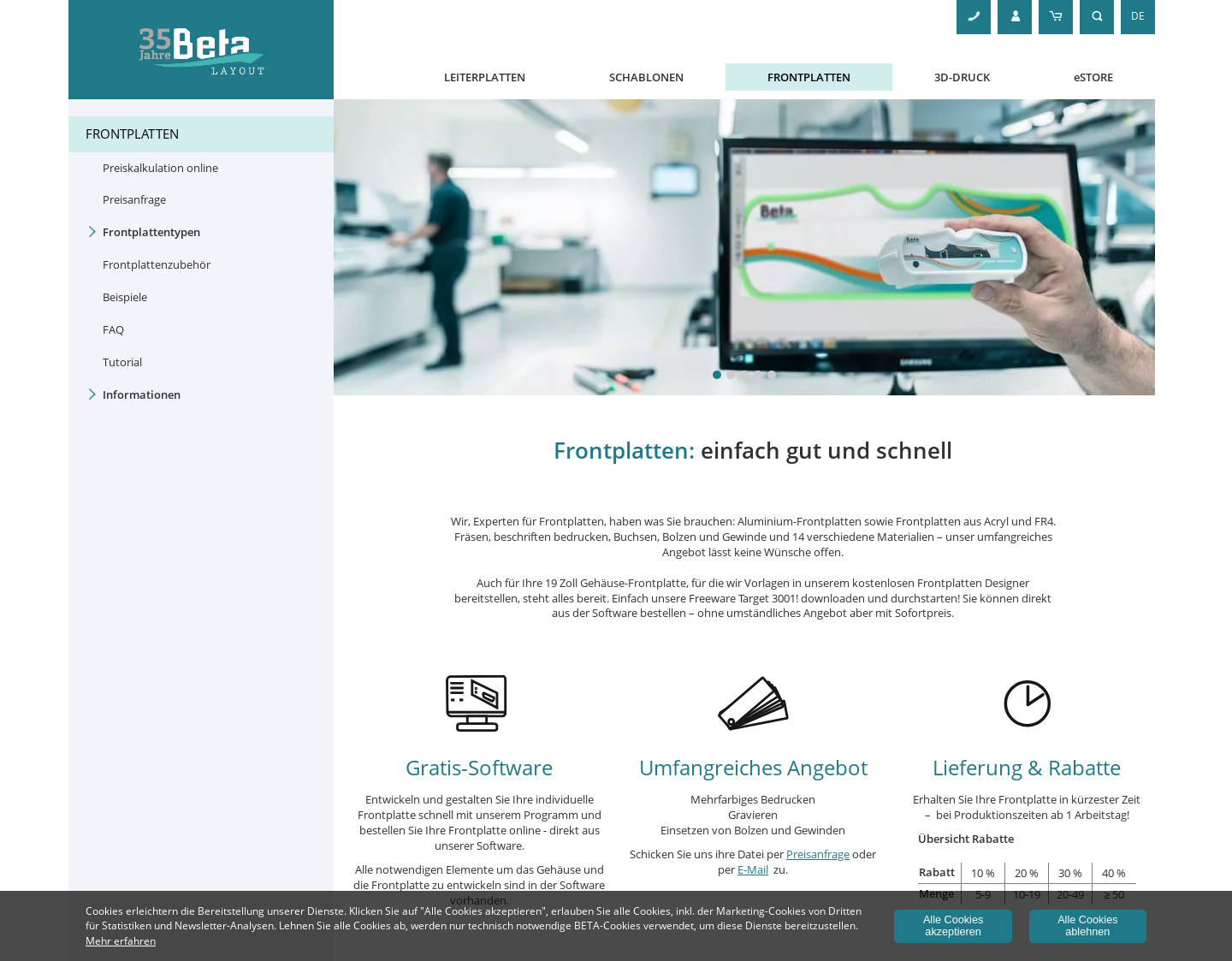 Aktuelle Website-Vorschau von Frontpanel aus Aluminium