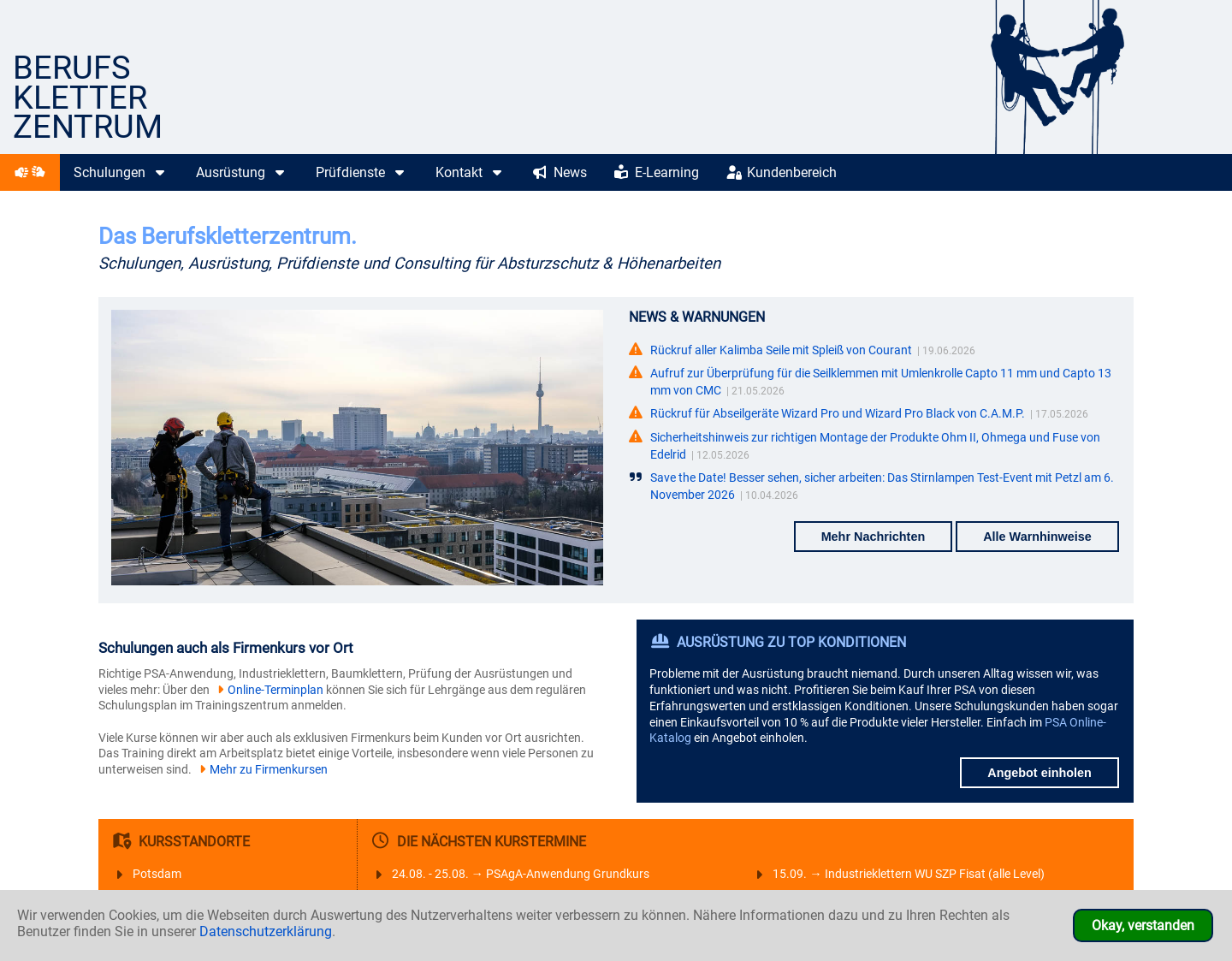 Aktuelle Website-Vorschau von Berufskletterzentrum