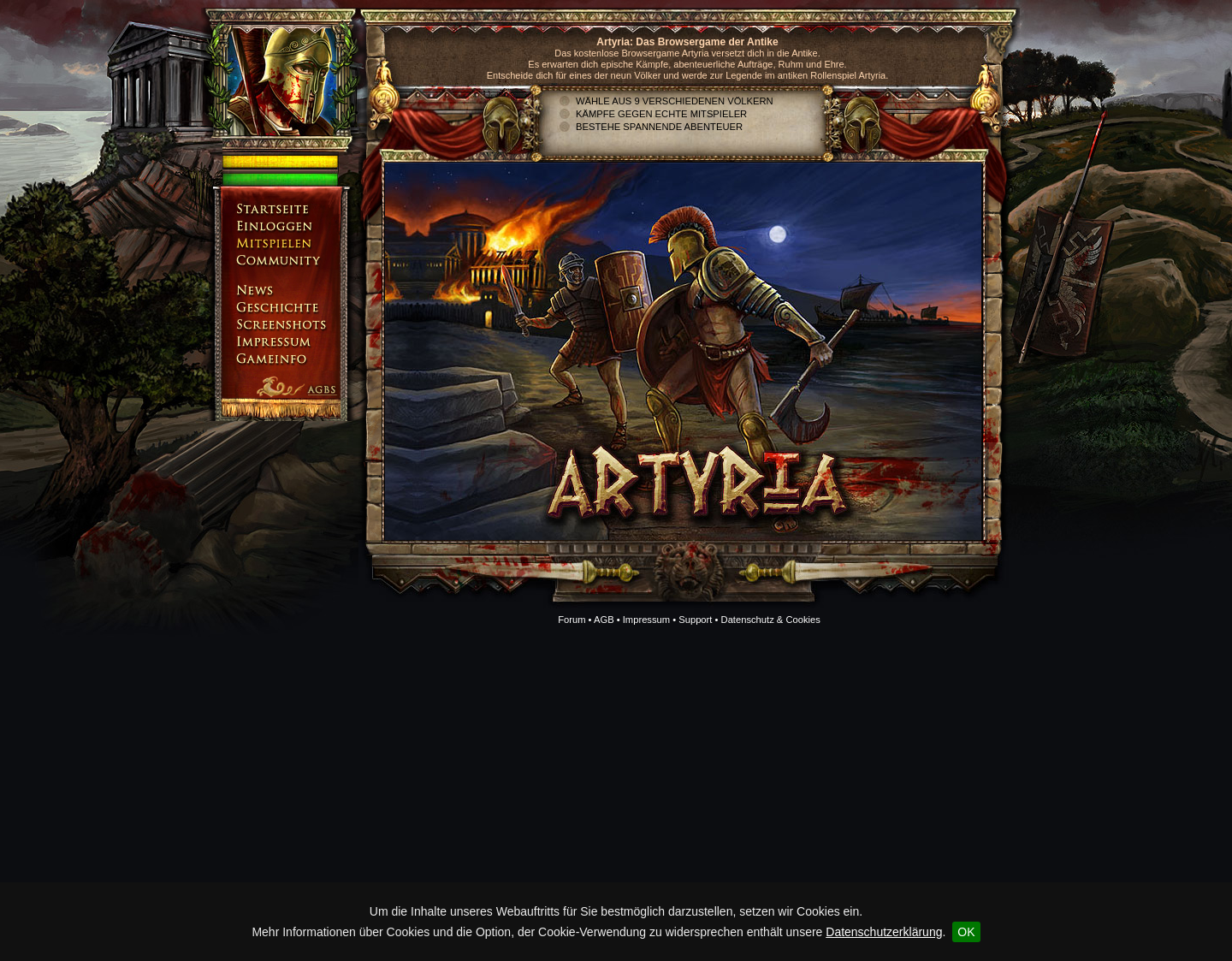Aktuelle Website-Vorschau von Artyria: Das Browsergame der Antike