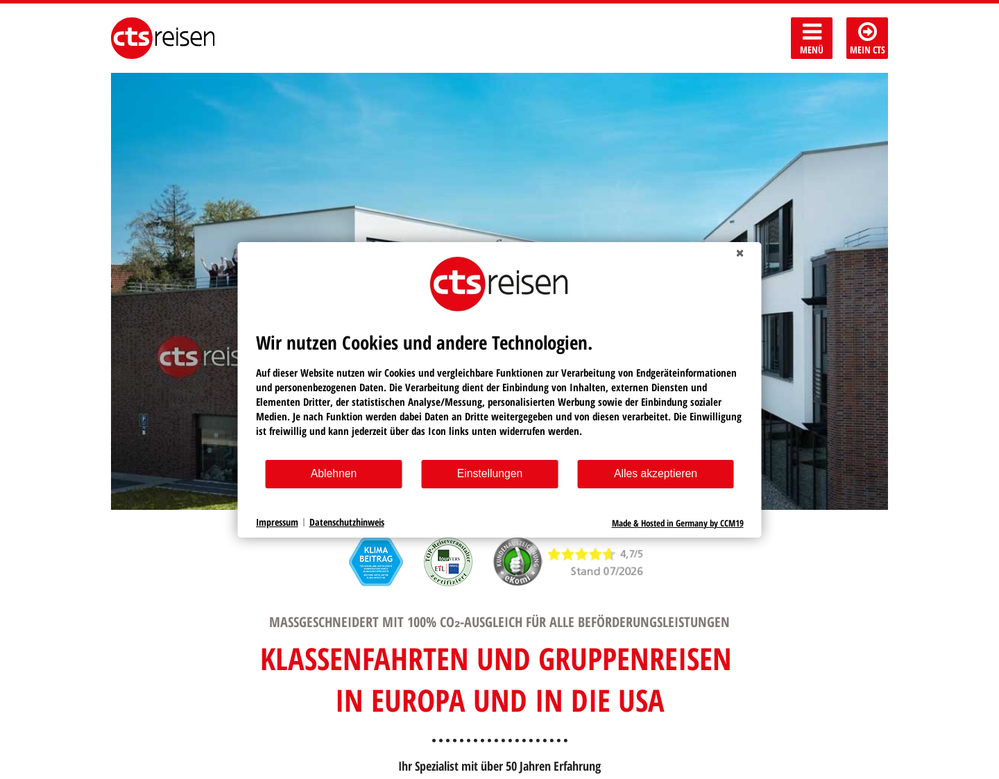 Aktuelle Website-Vorschau von CTS Gruppenreisen