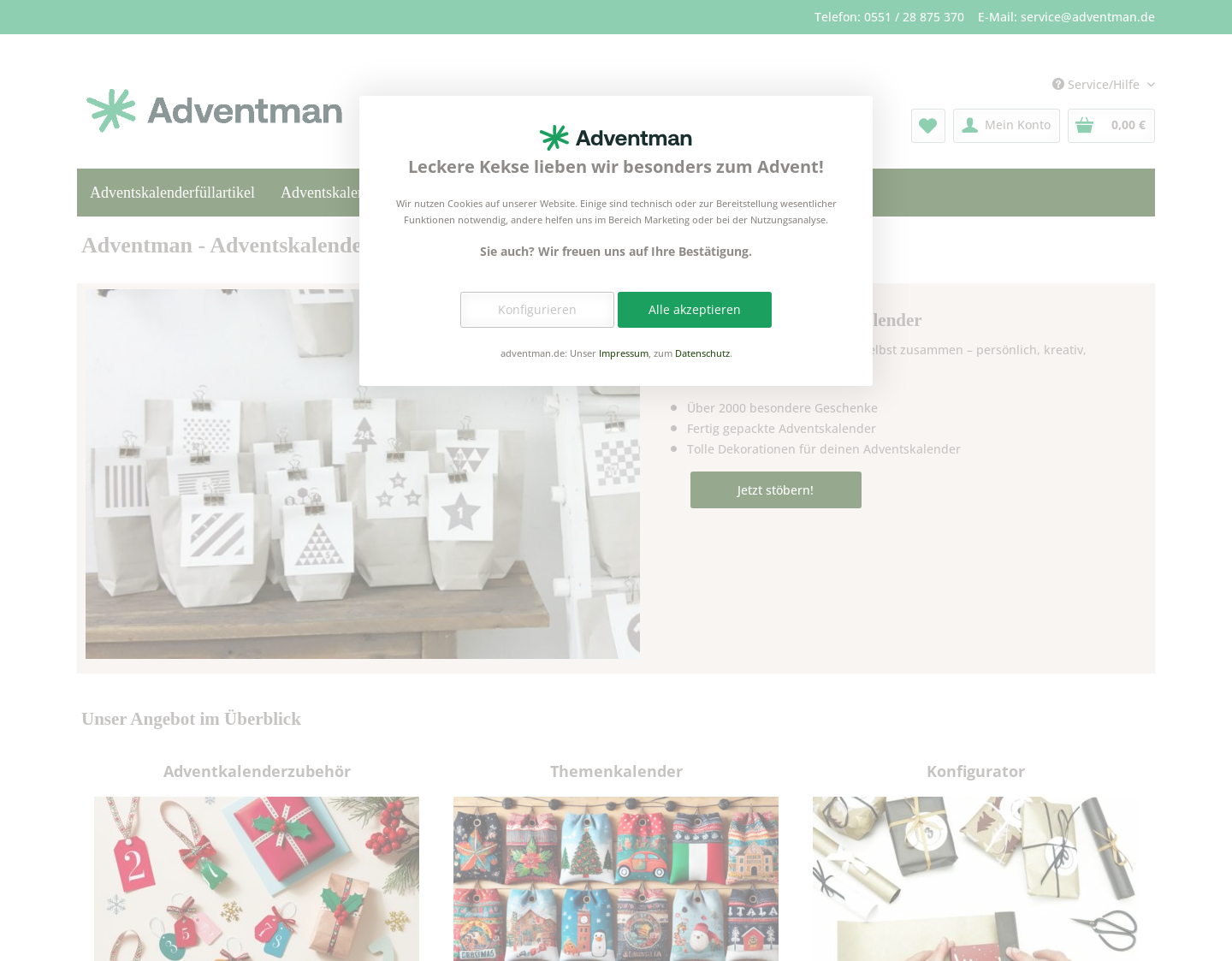 Aktuelle Website-Vorschau von Adventskalender-Shop vom Adventman