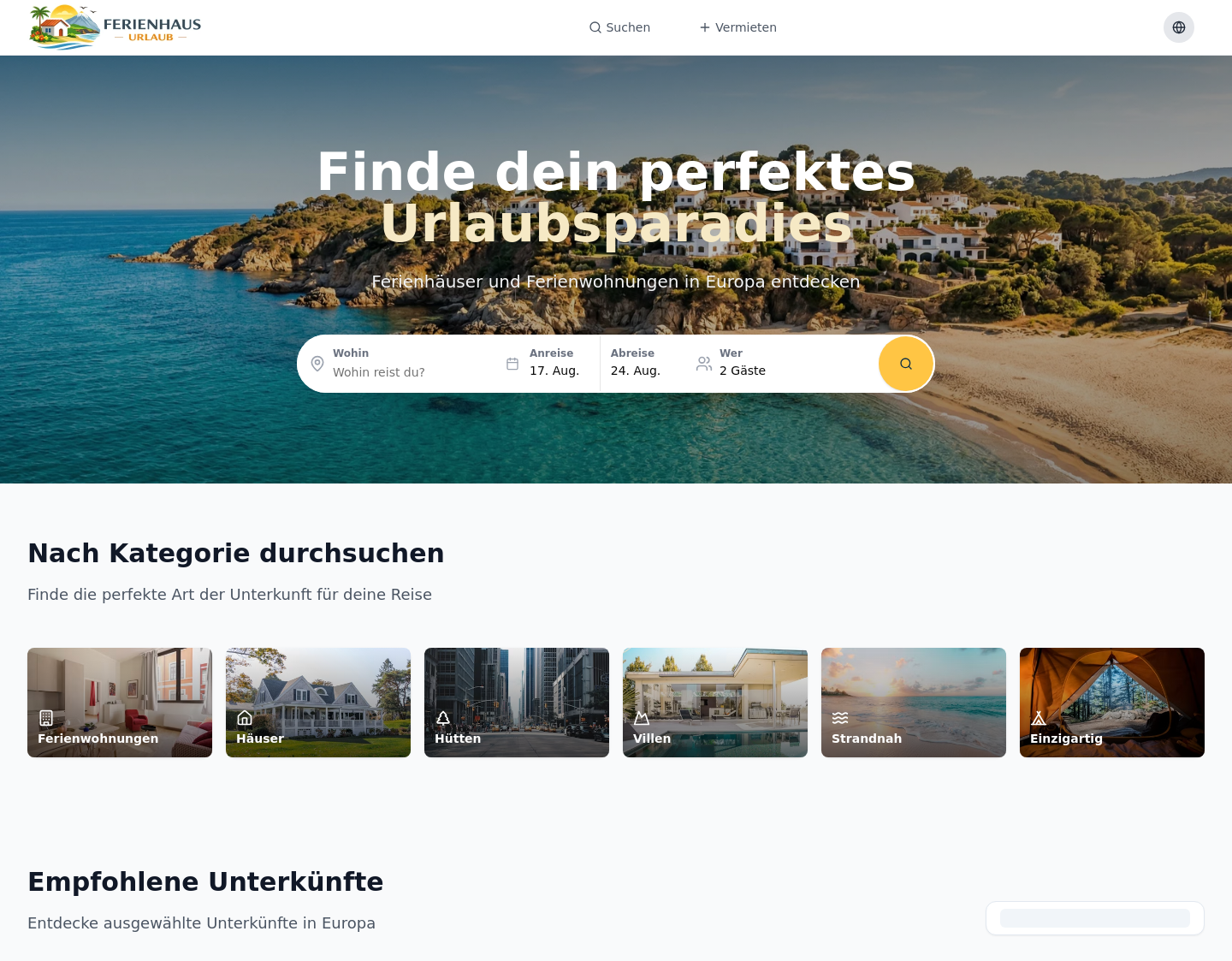 Aktuelle Website-Vorschau von Ferienwohungen und Ferienhäuser