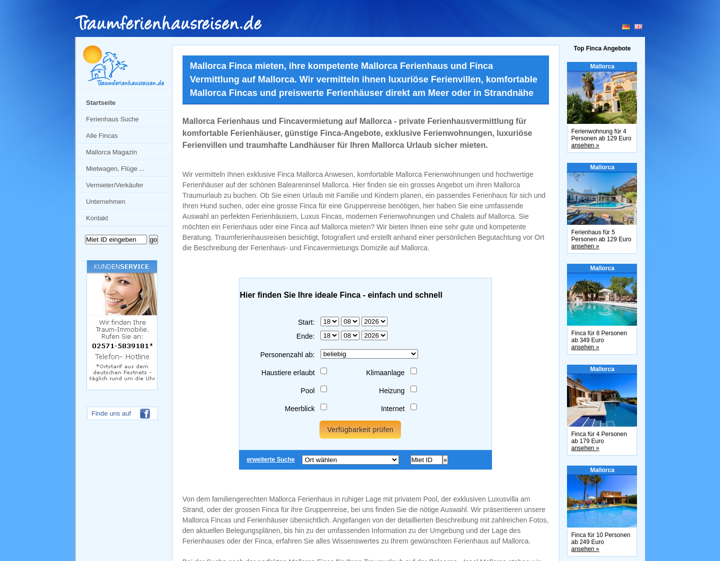 Aktuelle Website-Vorschau von Finca Mallorca - Ferienhäuser miete