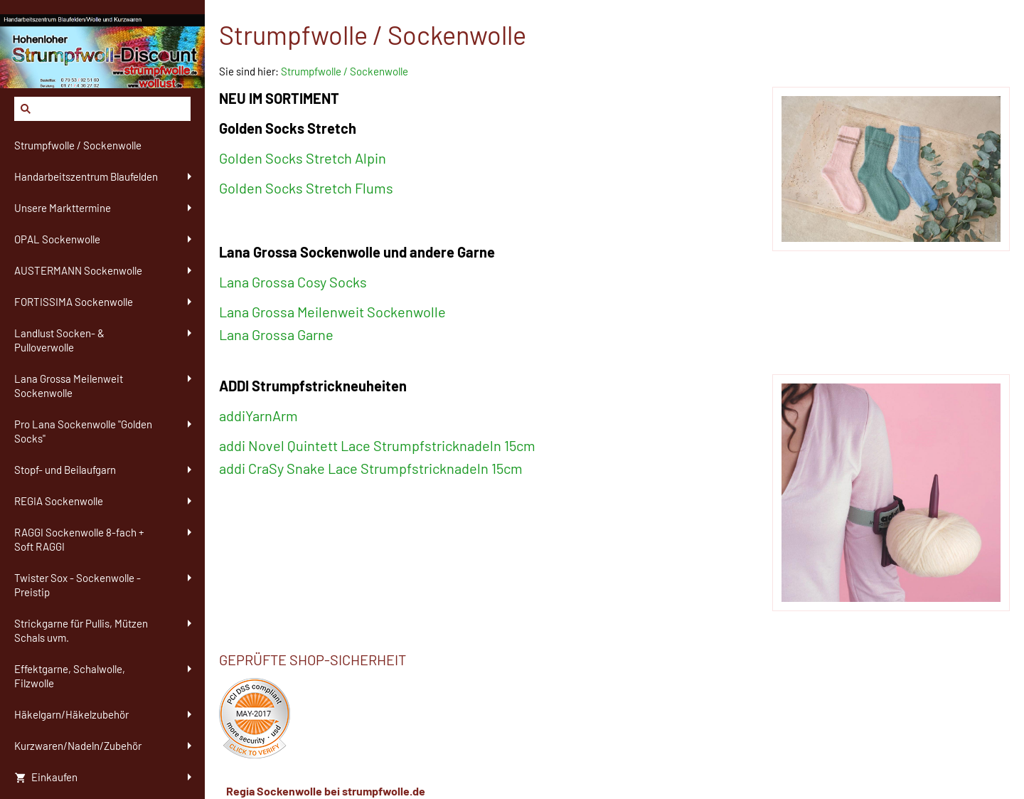 Aktuelle Website-Vorschau von Regia Sockenwolle, Opal Wolle und Stricknadeln
