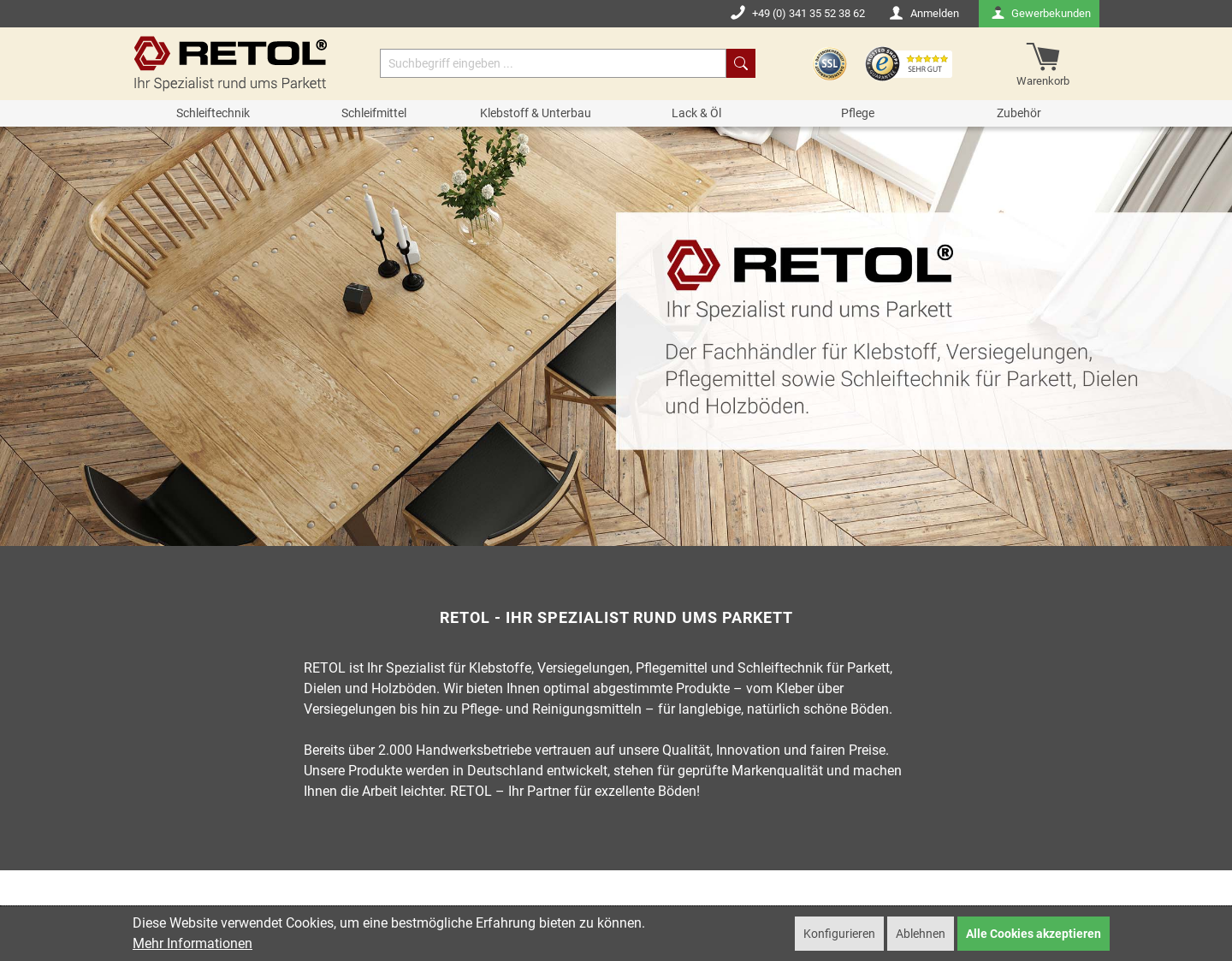 Aktuelle Website-Vorschau von RETOL: Alles für den Parkettleger