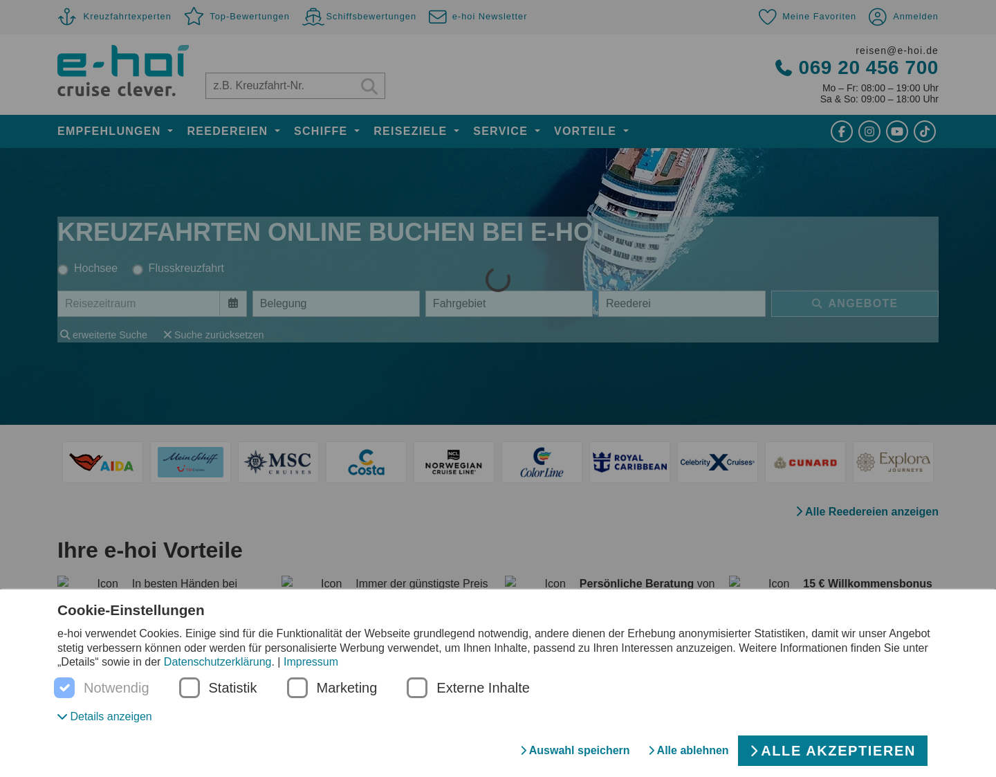 Aktuelle Website-Vorschau von e-hoi Kreuzfahrten
