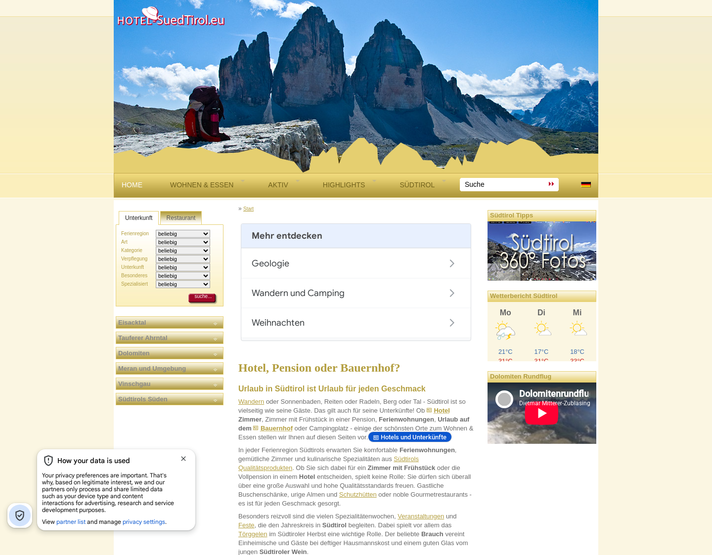 Aktuelle Website-Vorschau von Zimmer und Ferienwohnungen Südtirol