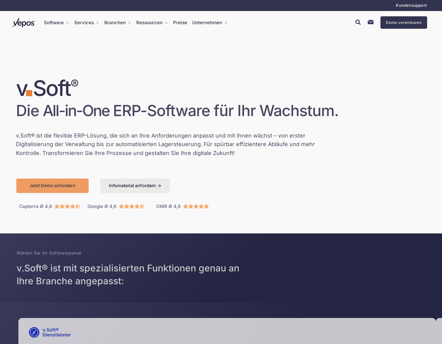 Aktuelle Website-Vorschau von v.Soft - ERP-System | Vepos GmbH