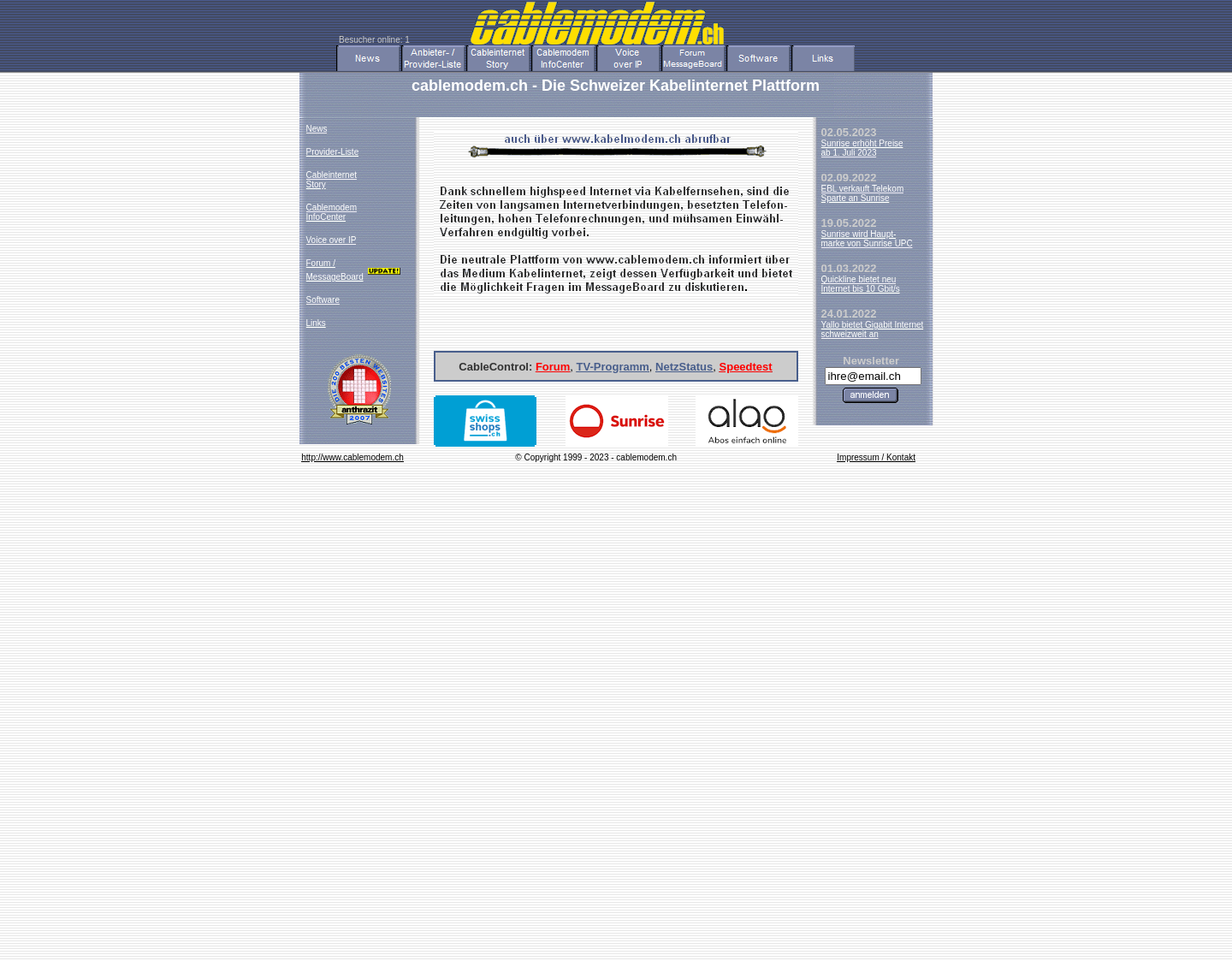 Aktuelle Website-Vorschau von cablemodem.ch - Kabelinternet Forum