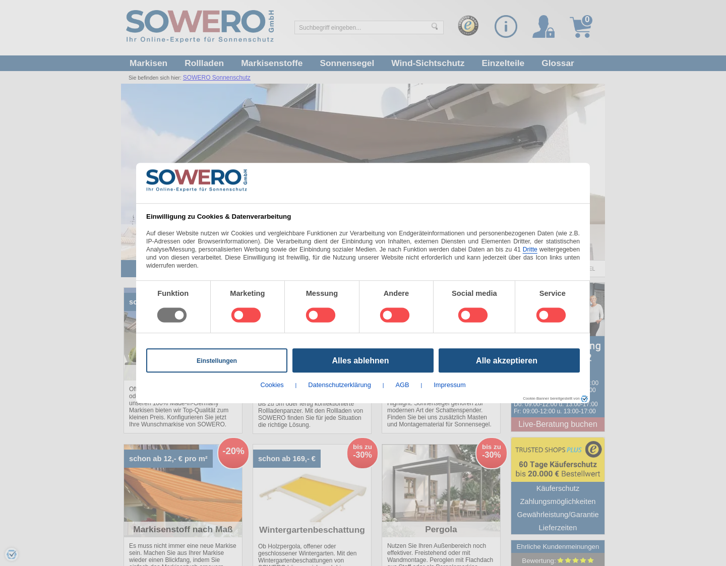 Aktuelle Website-Vorschau von Sowero - Sonnenschutz