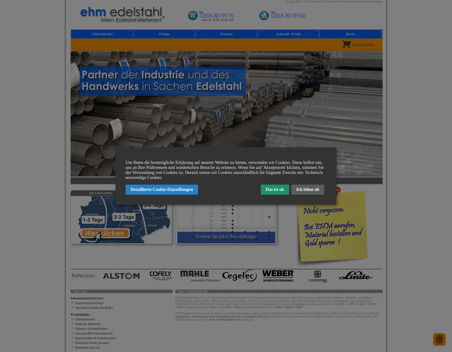 Aktuelle Website-Vorschau von EHM Edelstahl - Rohrlieferant