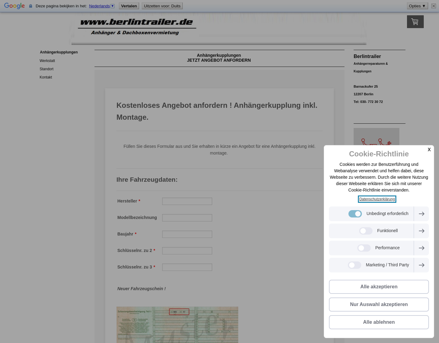 Aktuelle Website-Vorschau von Berlintrailer - Anhängervermietung