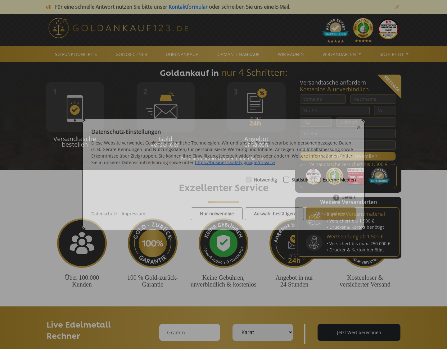 Aktuelle Website-Vorschau von Goldankauf123 ist der online Ankauf