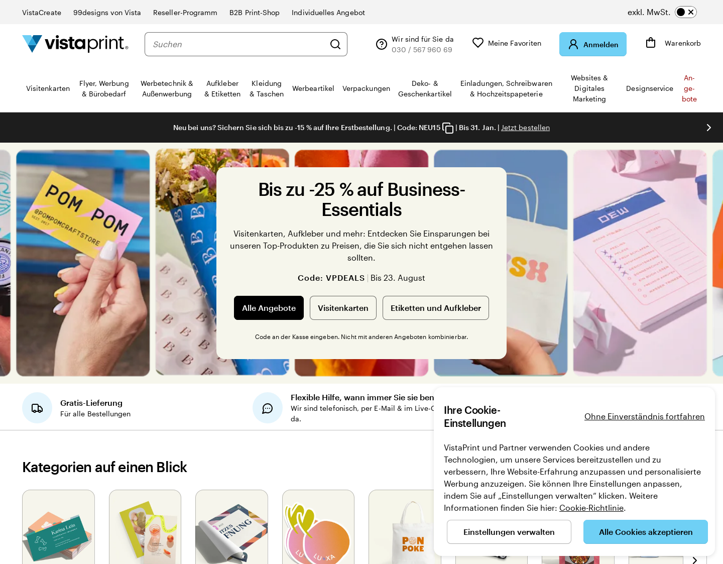 Aktuelle Website-Vorschau von Postkarten mit VistaPrint