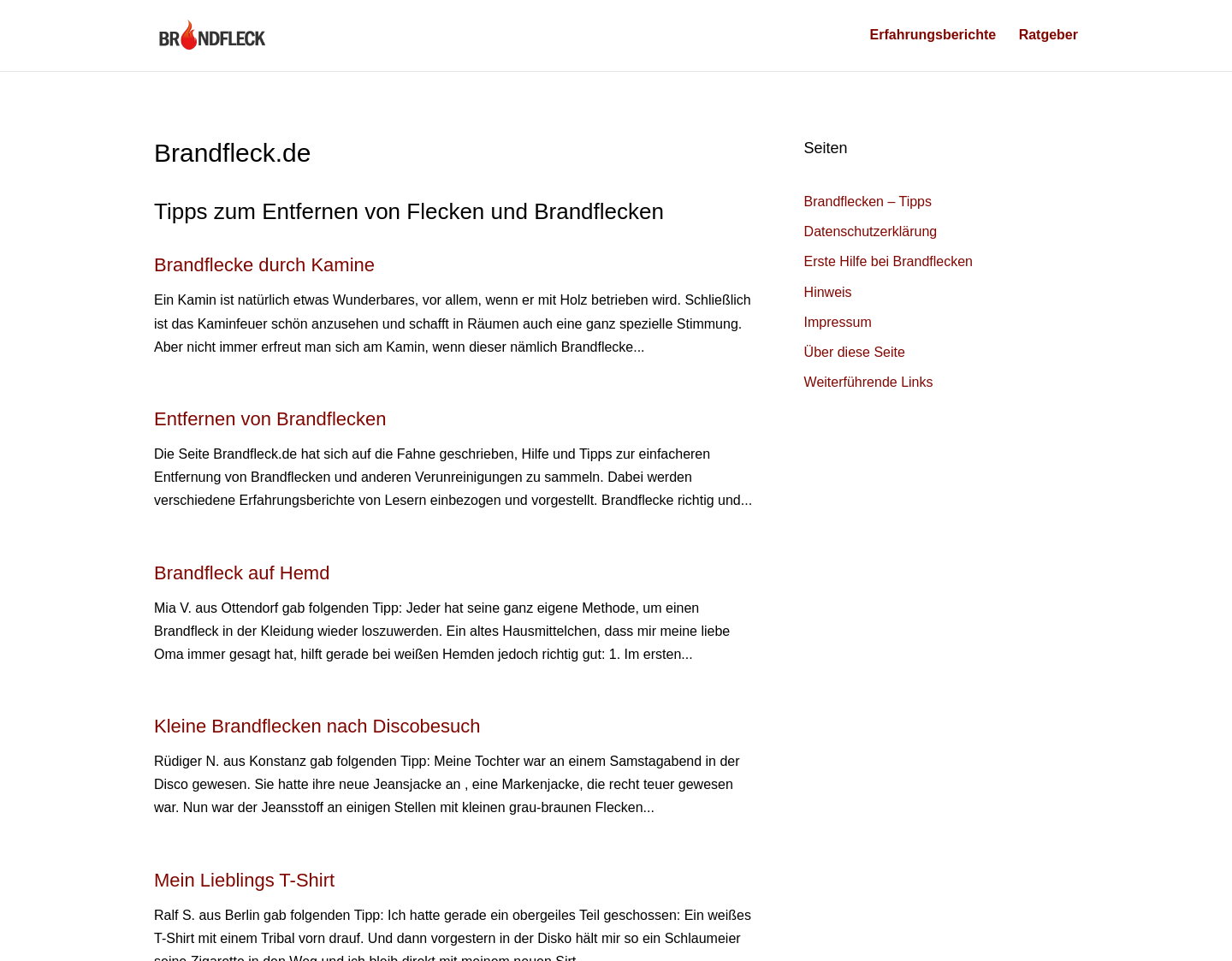 Aktuelle Website-Vorschau von Brandflecken an Möbeln und der Kleidung