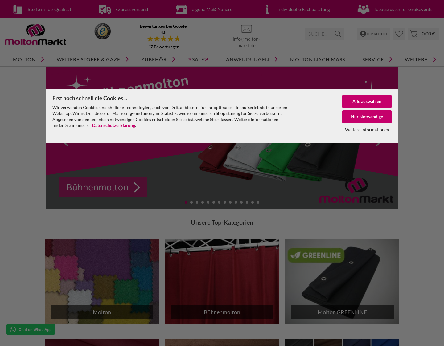 Aktuelle Website-Vorschau von Molton und Bühnenmolton