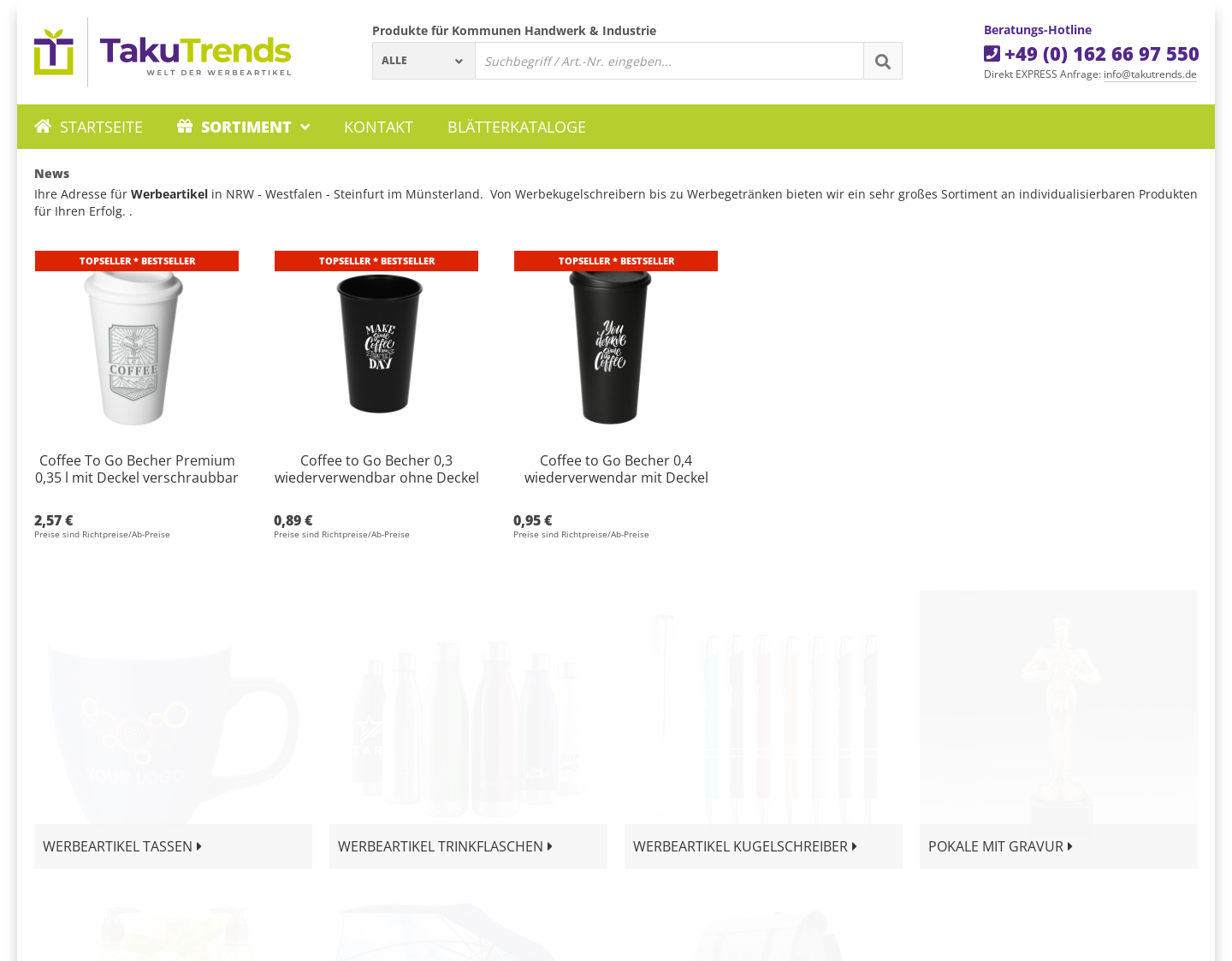 Aktuelle Website-Vorschau von Taku Trends Werbeartikel