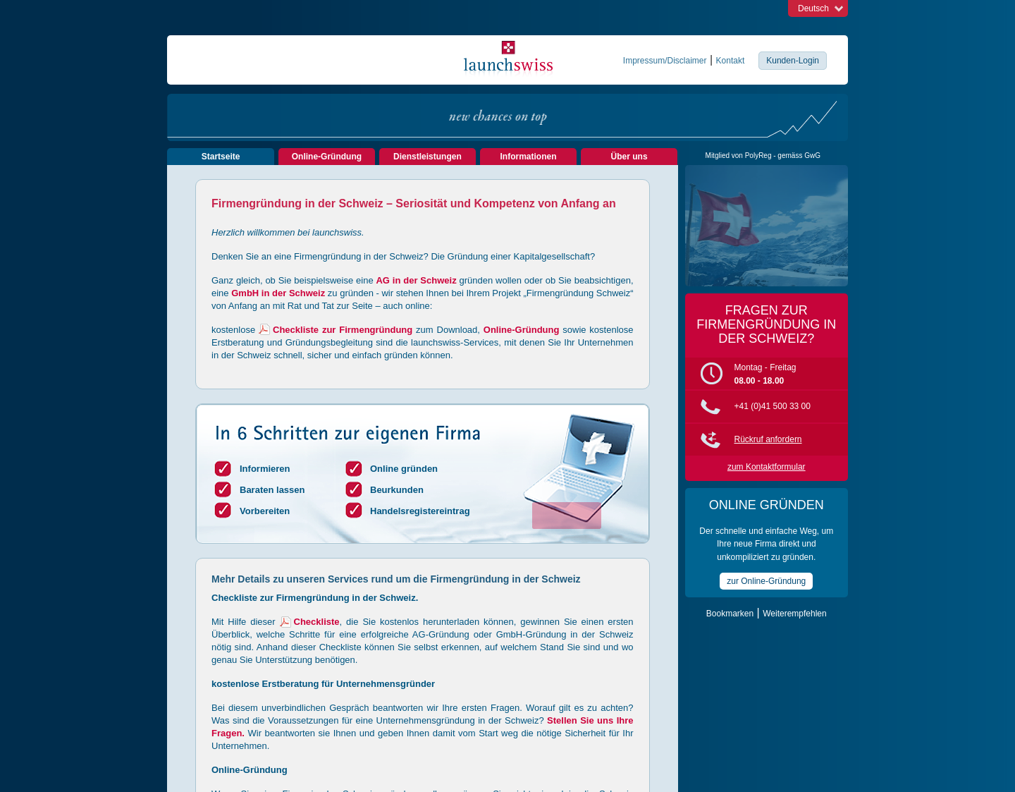 Aktuelle Website-Vorschau von Launchswiss- Firmengründung in der Schweiz