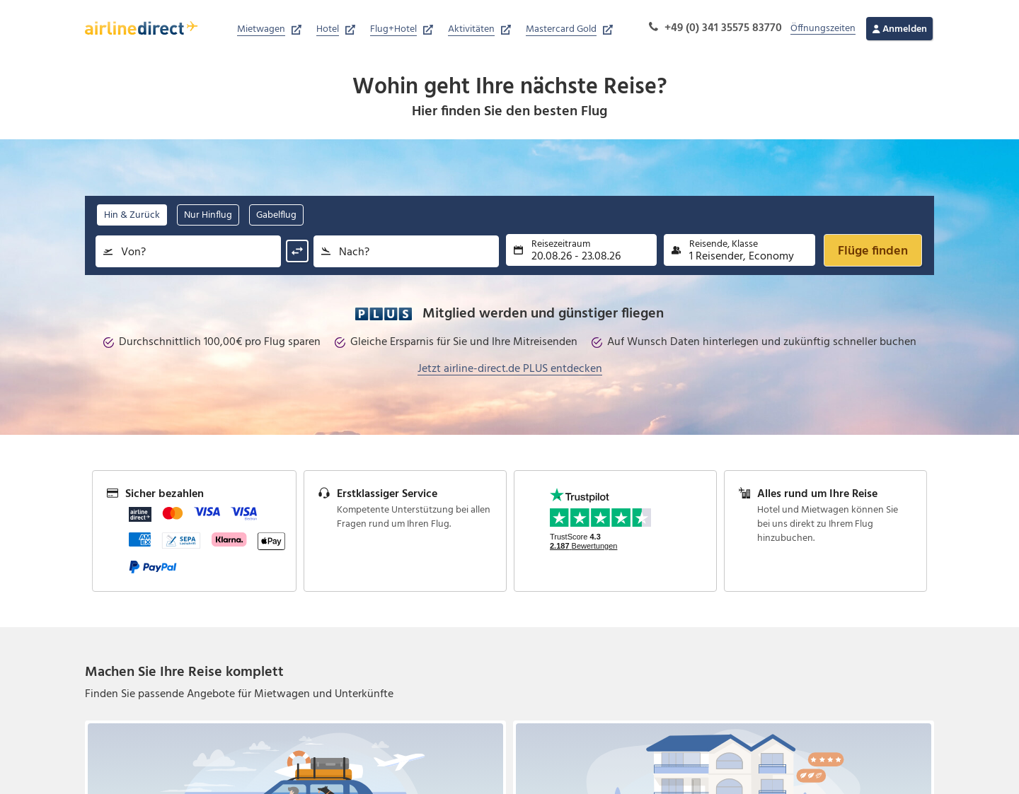 Aktuelle Website-Vorschau von Airline Direct - Billig Flüge