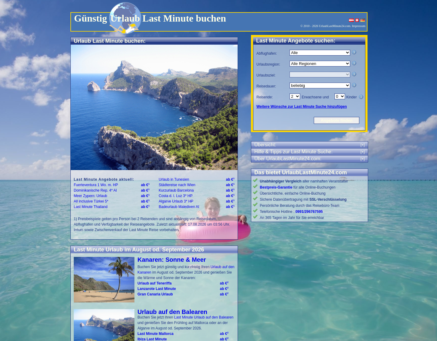 Aktuelle Website-Vorschau von UrlaubLastMinute24.com
