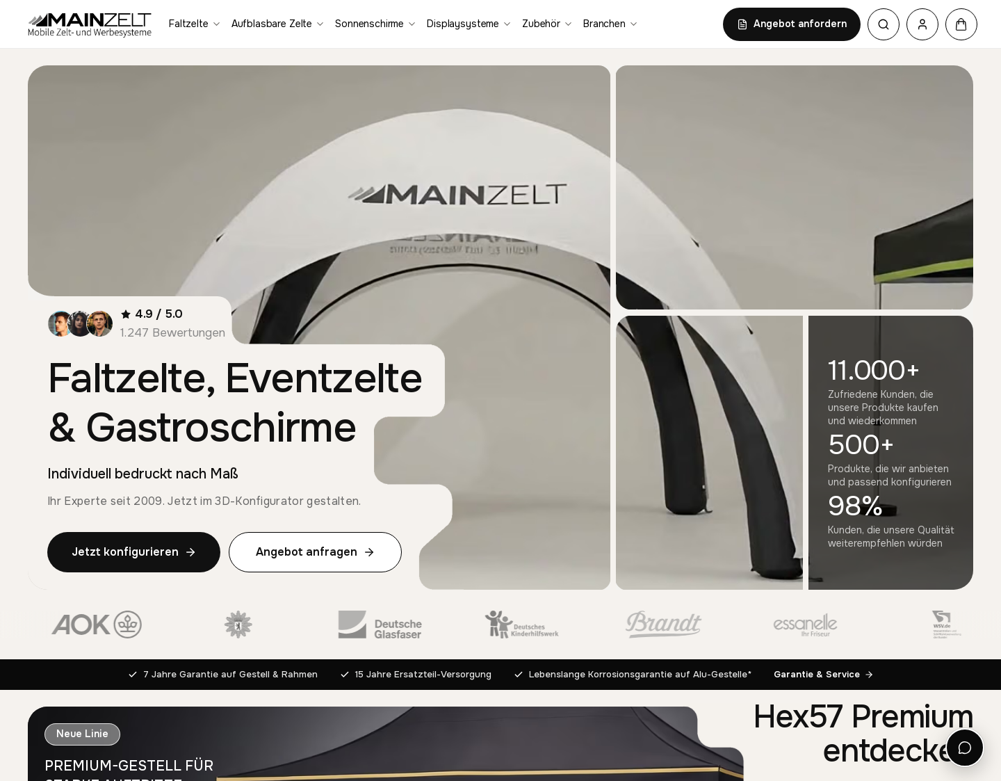 Aktuelle Website-Vorschau von Faltpavillons in verschiedenen Größen