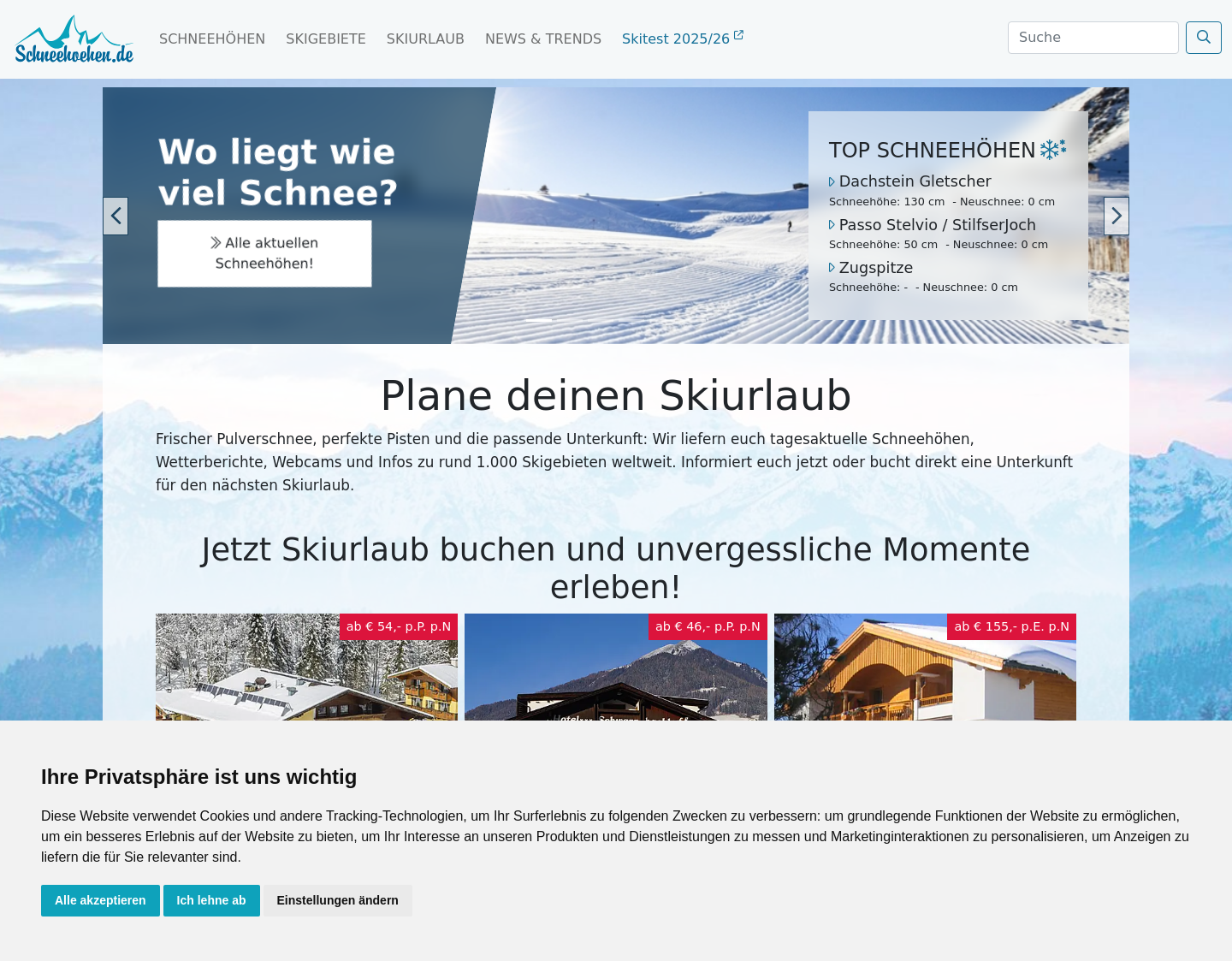 Aktuelle Website-Vorschau von Ski und Winterurlaub - Schneehöhen