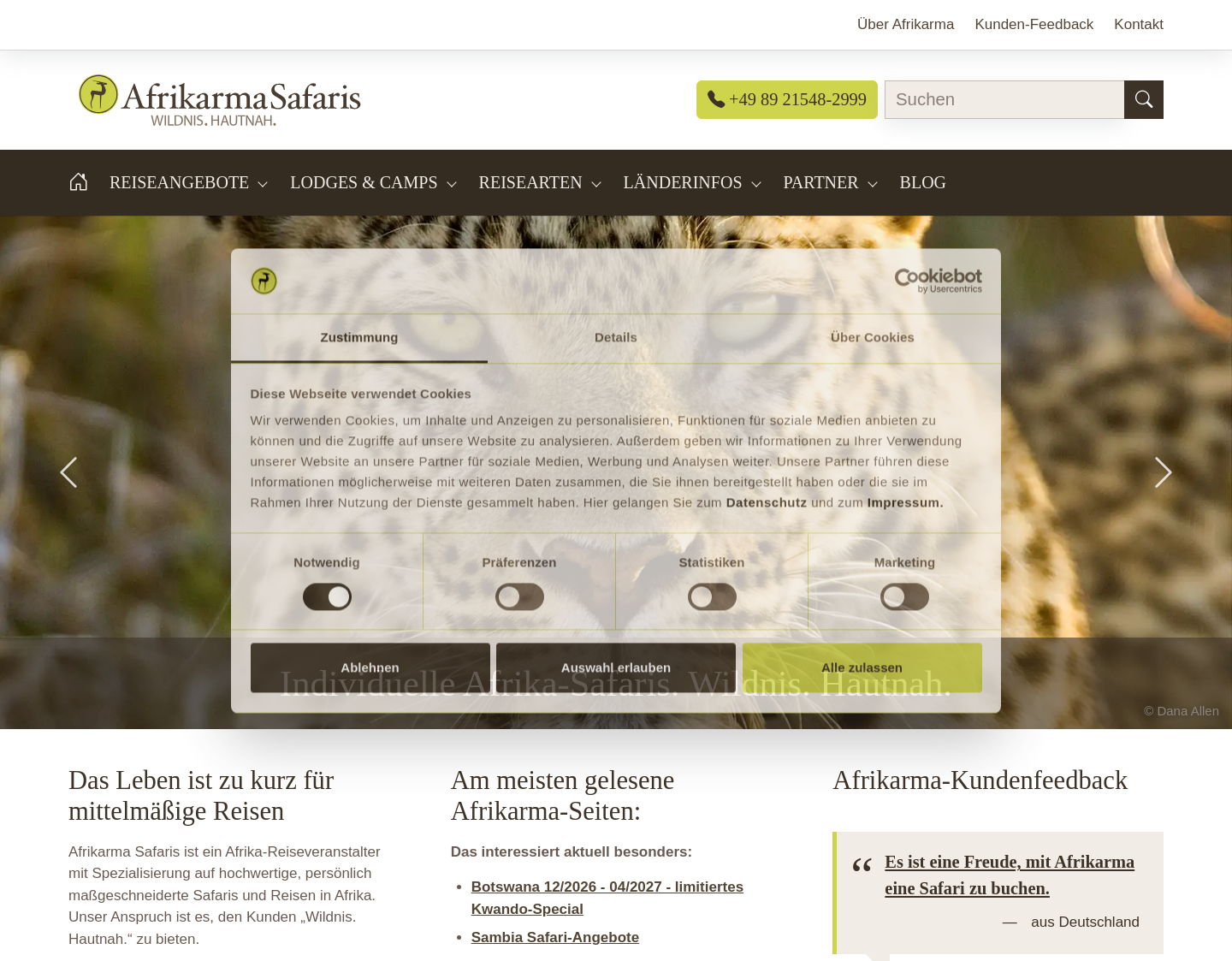 Aktuelle Website-Vorschau von Afrikarma Safaris