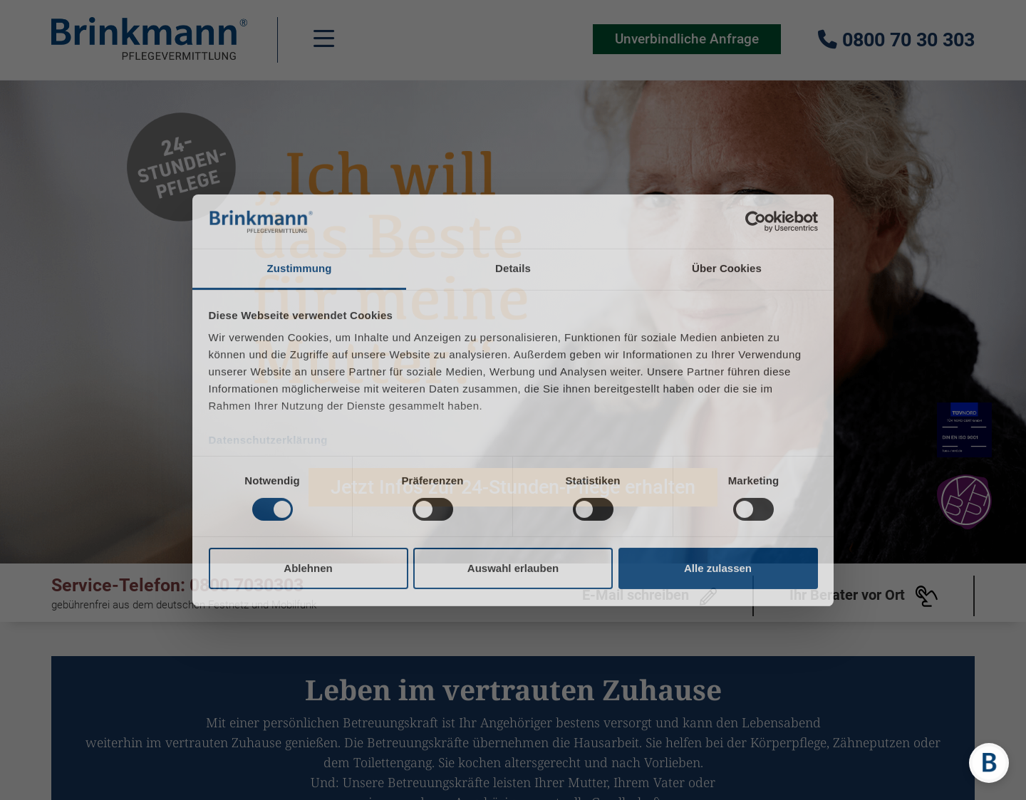 Aktuelle Website-Vorschau von Pflegevermittlung