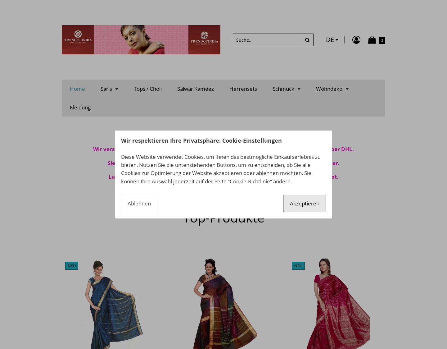 Aktuelle Website-Vorschau von Trendofindia, Ihr Shop für indische