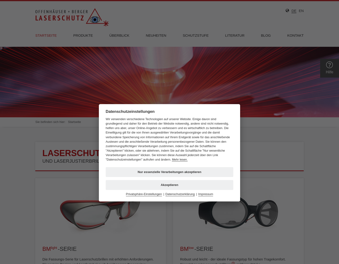 Aktuelle Website-Vorschau von Produkte für den Laserschutz