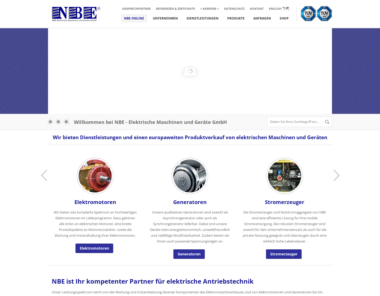 Aktuelle Website-Vorschau von NBE für elektrische Antriebstechnik