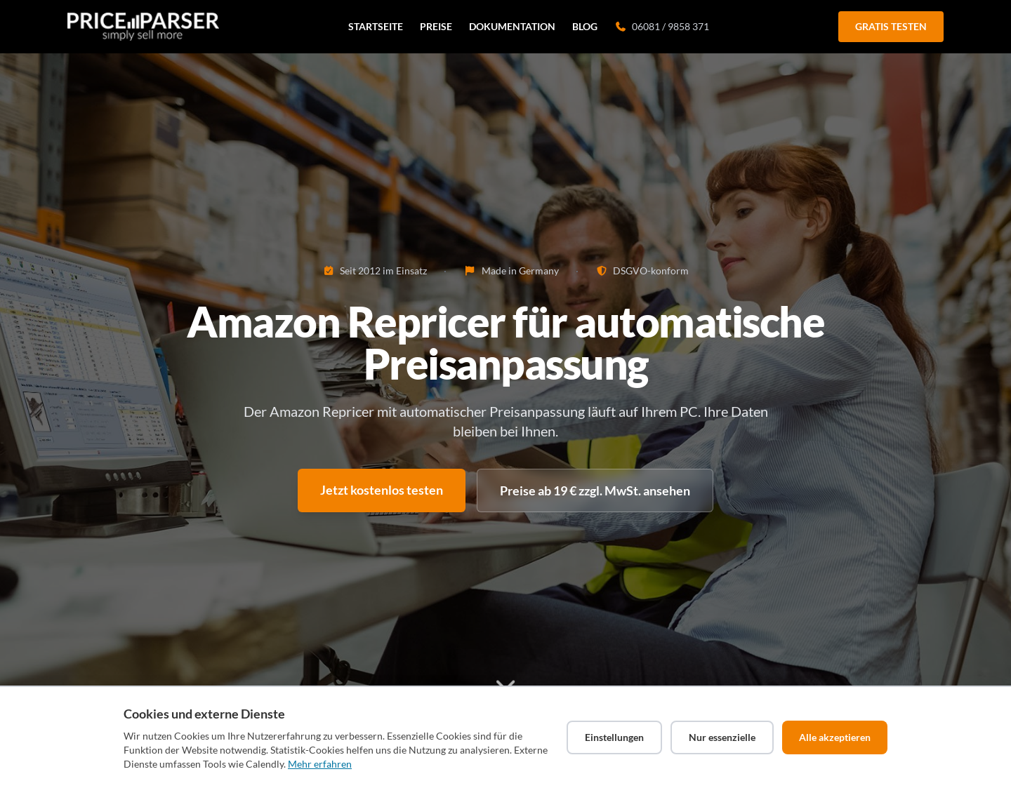 Aktuelle Website-Vorschau von Amazon Repricing Software